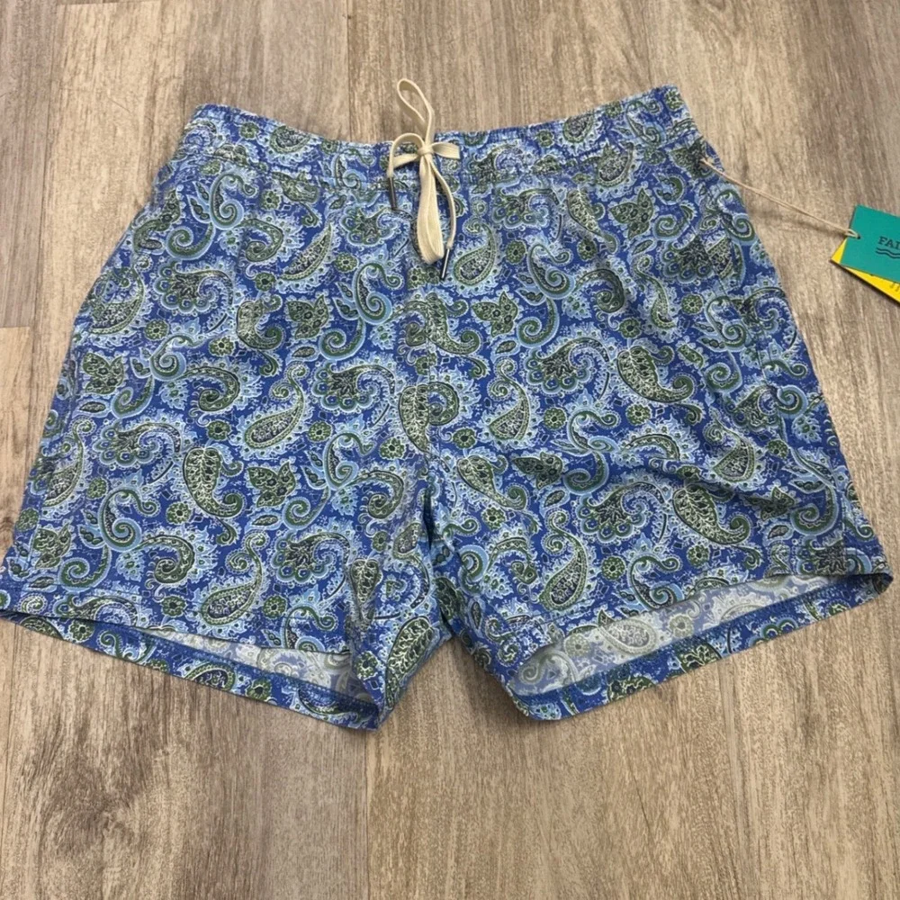 Fair Harbor Mens Blue Green Paisley BreezeKnit Swim Shorts Size M NWT